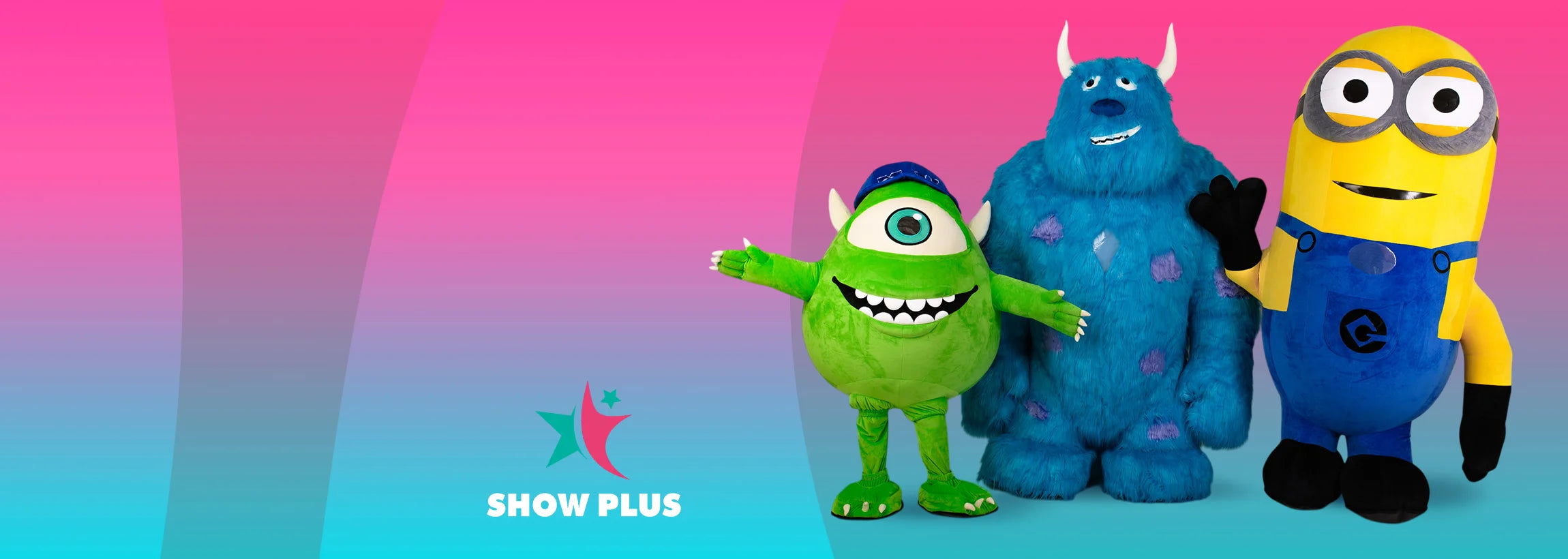 Three animated characters from Pixar on a gradient pink and blue background with Show Plus logo.