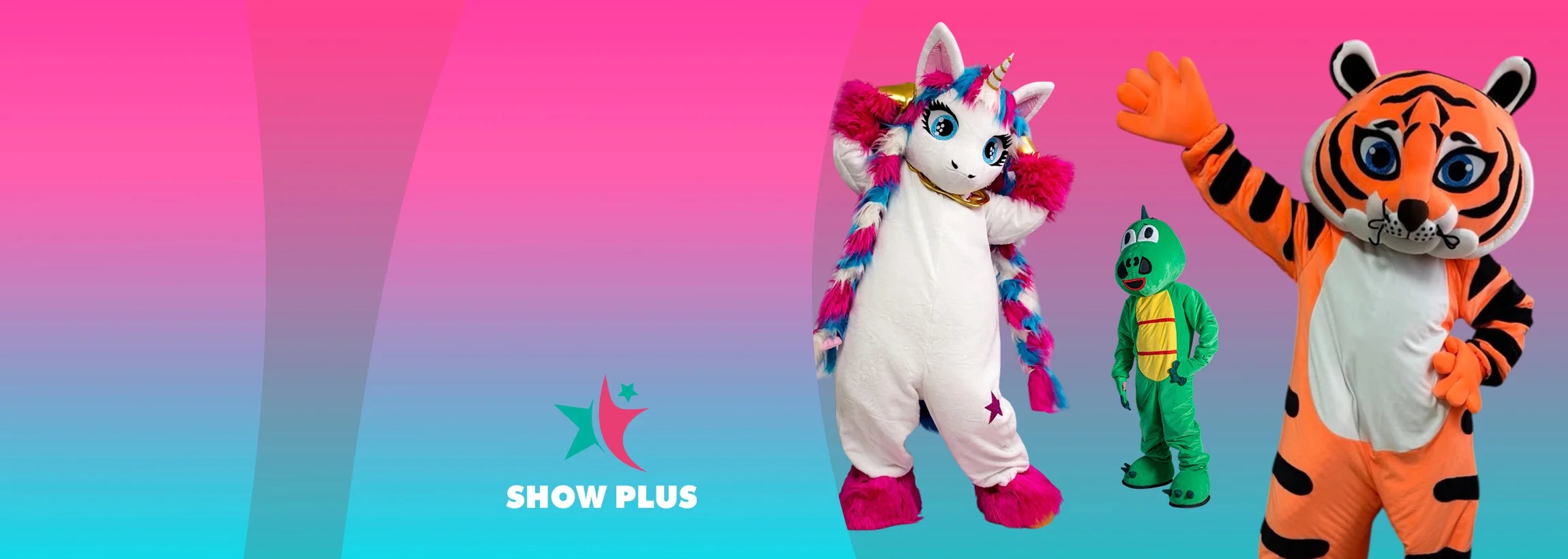 Unicorn, turtle, and tiger mascot costumes on a pink and blue gradient background with Show Plus logo.