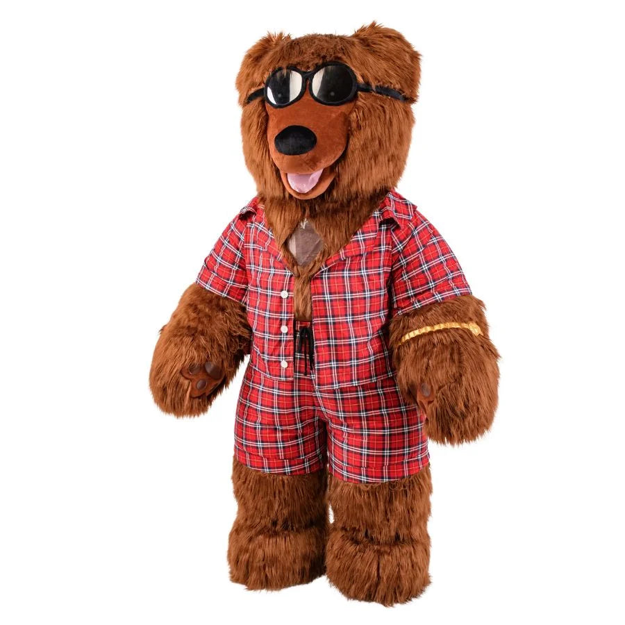 Plush bear toy wearing sunglasses and a red plaid shirt on a white background