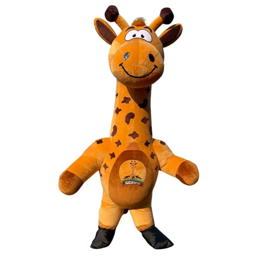 Plush giraffe toy with a visible brand logo on a white background