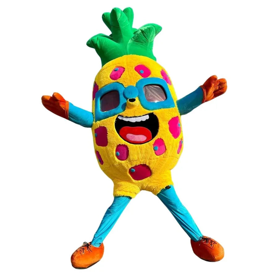 Colorful pineapple mascot costume with sunglasses on a white background