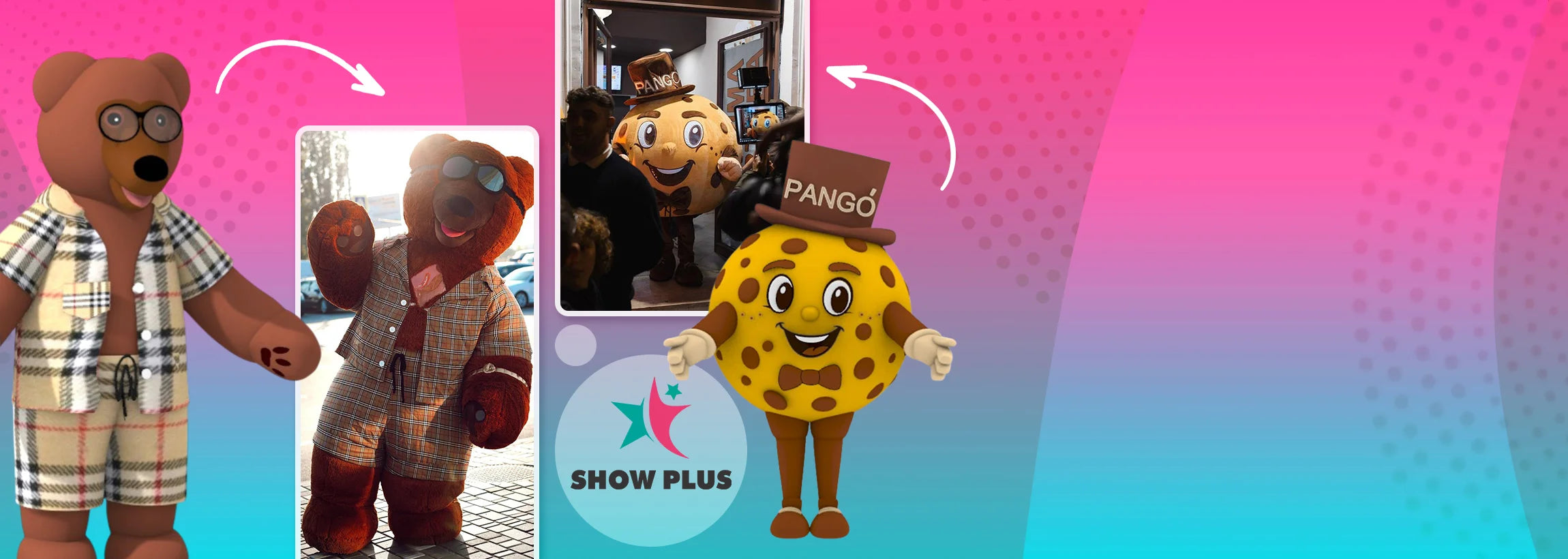 Cartoon bear and cookie character with 'Show Plus' branding on a colorful background