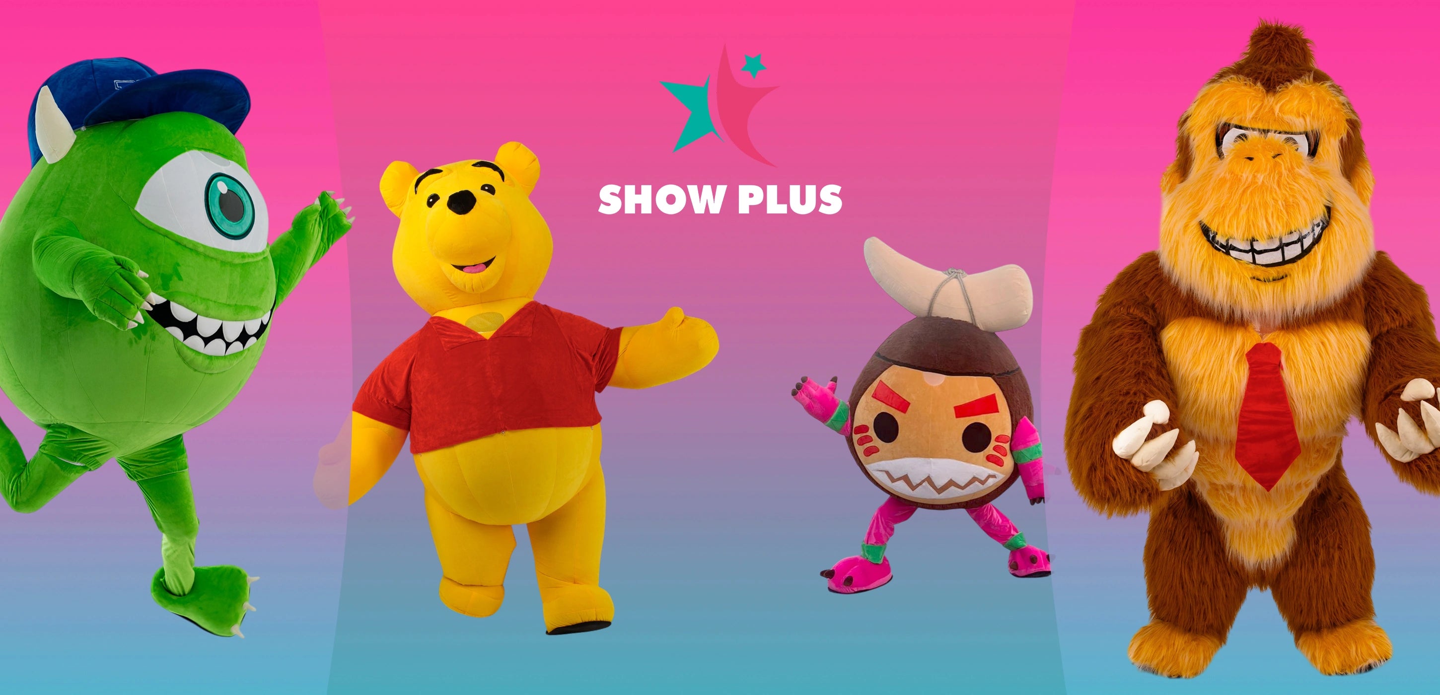Four colorful animated characters on a gradient background with 'Show Plus' logo.