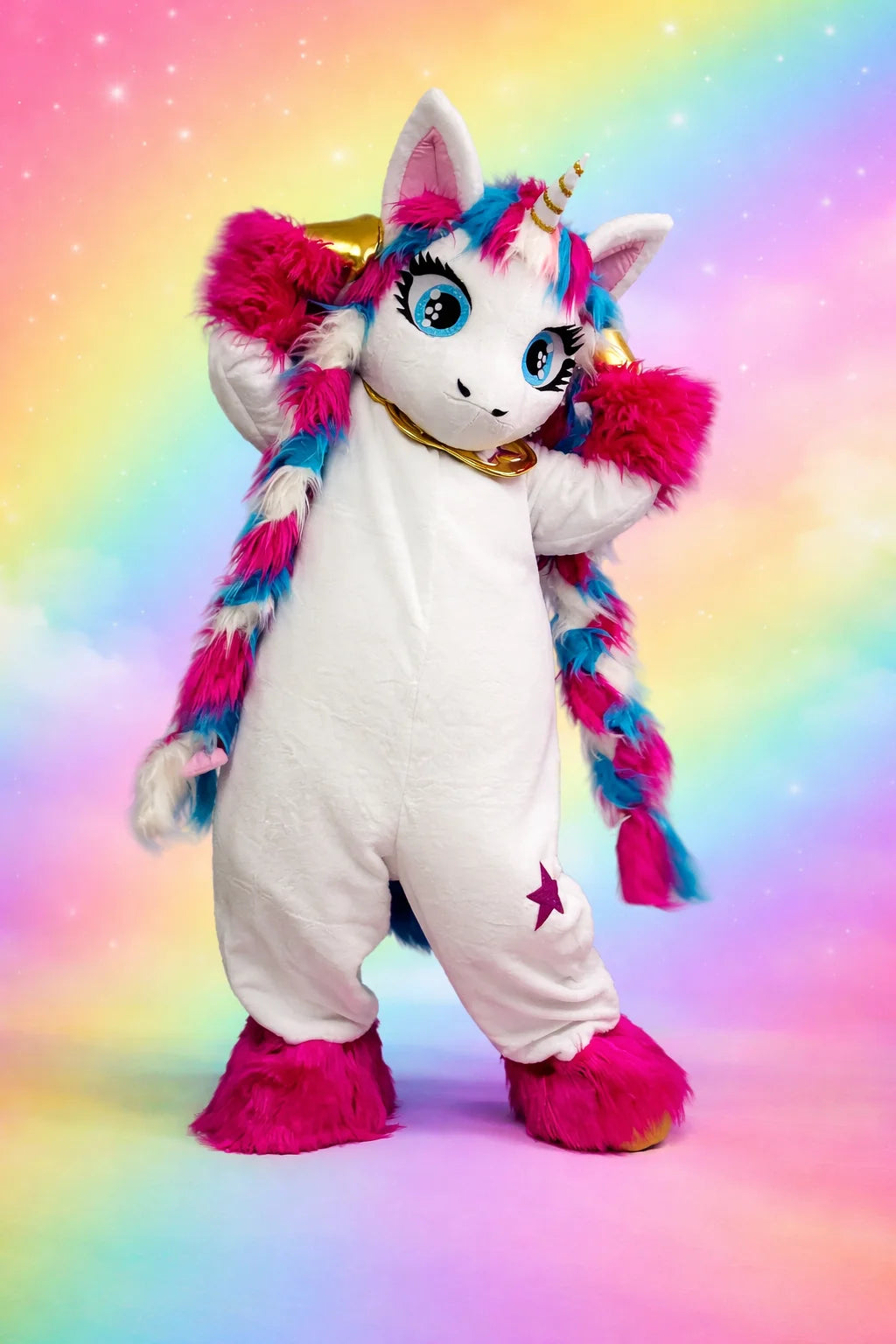 Unicorn plush toy with colorful mane and tail against a rainbow background
