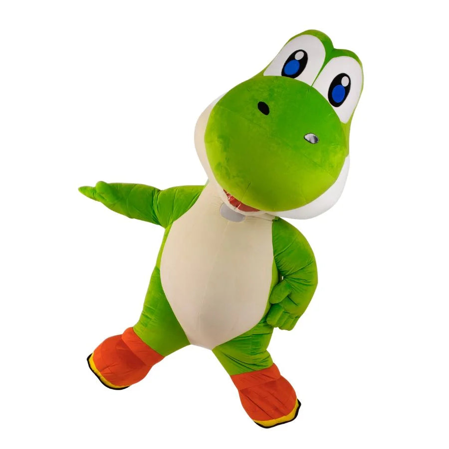 Green dinosaur-like plush toy with orange feet on a white background