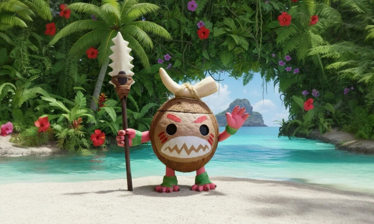 Coconut character with a spear on a tropical island